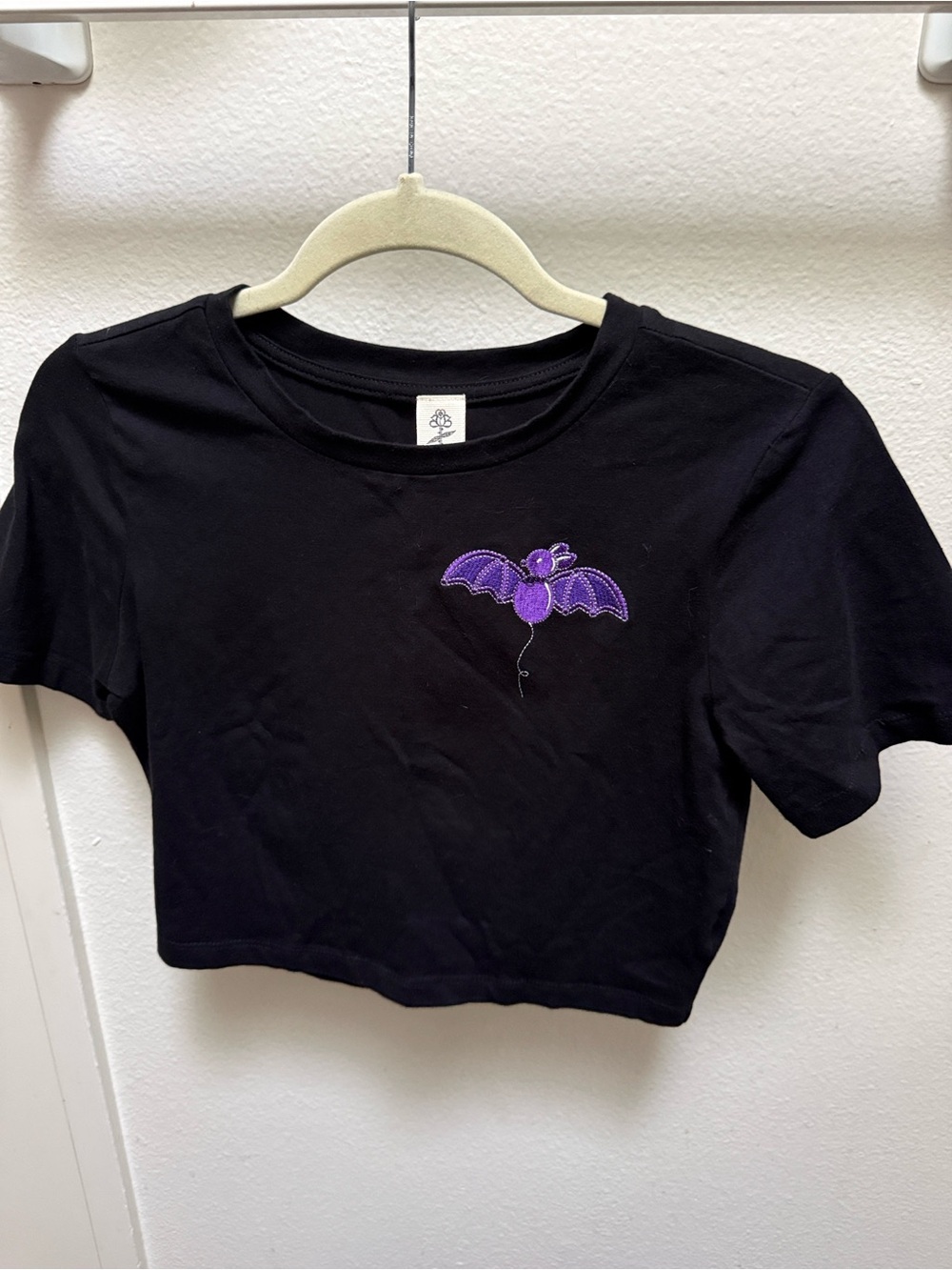 Black Crop Tee with Purple Bat Patch
